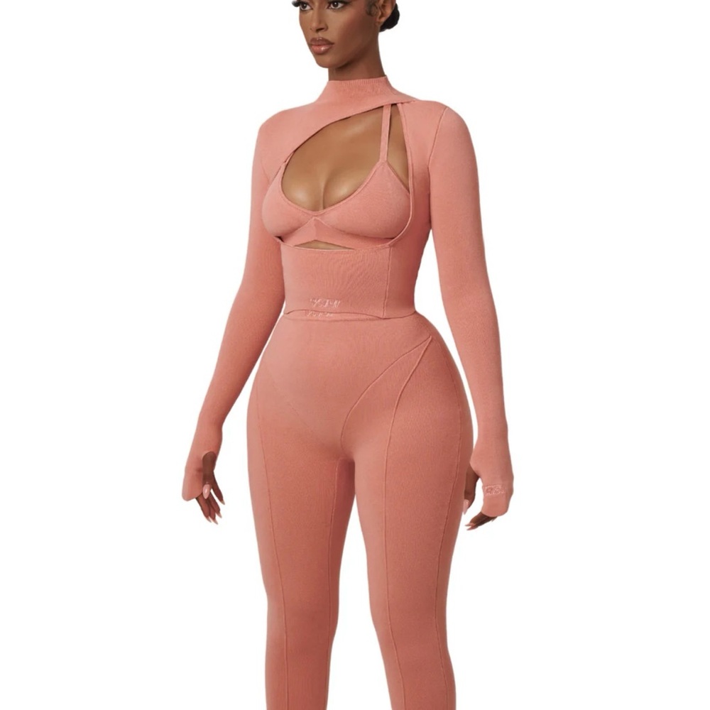 Pink Long Sleeve Cutout Bodysuit Set